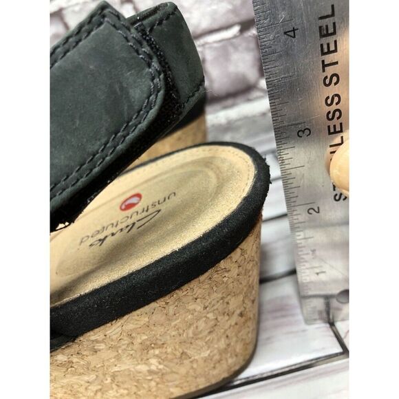Clarks Unstructured Black Leather Criss Cross Strap Cork Wedge Sandals Women 7M - Picture 8 of 16